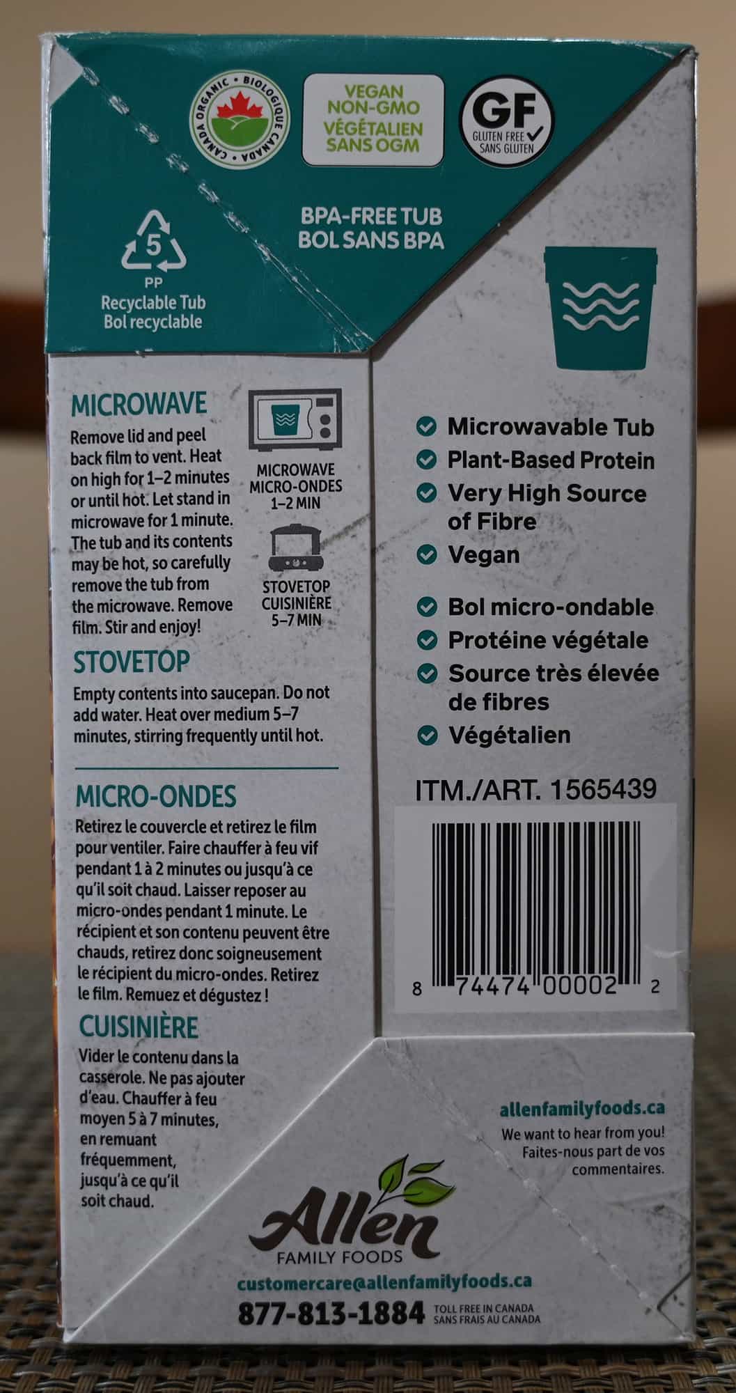 Image of the back of the soup boc showing heating instructions and that the soup comes in a BPA free tub. 
