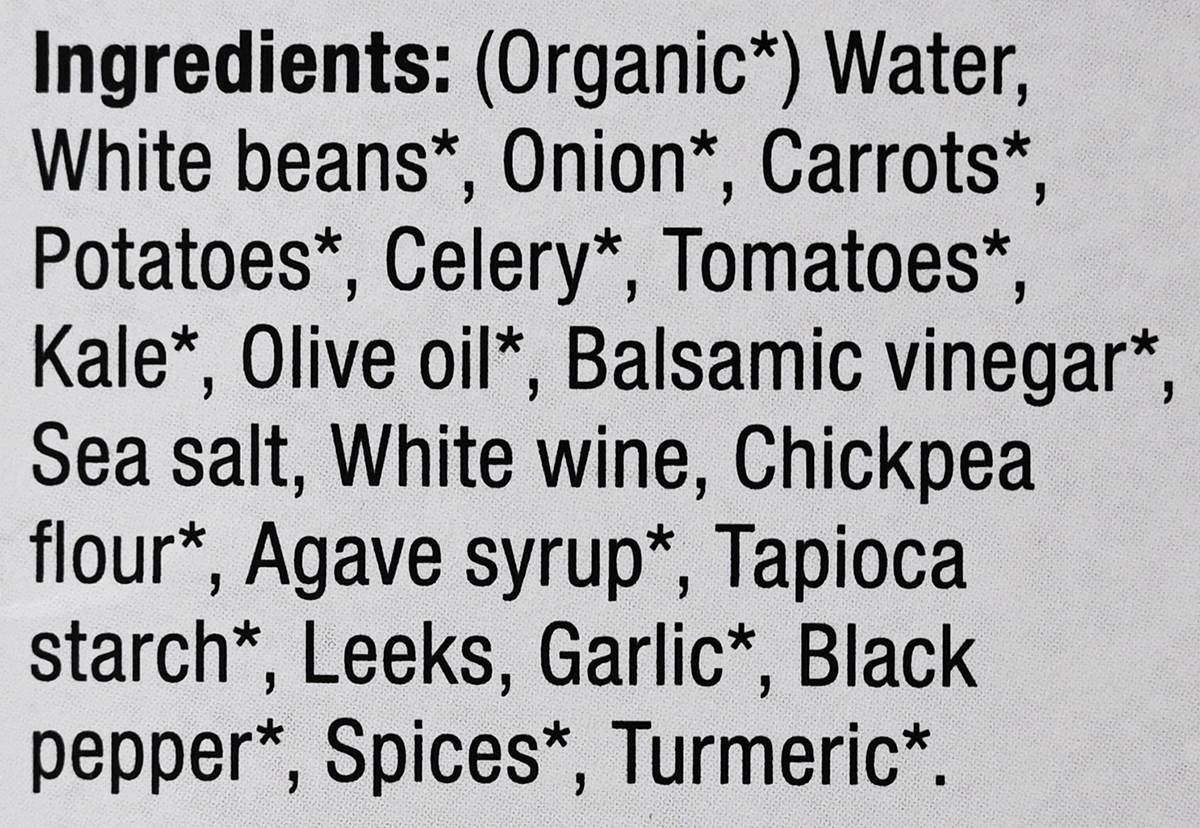 Image of the ingredients for the white bean & kale soup from the back of the box.