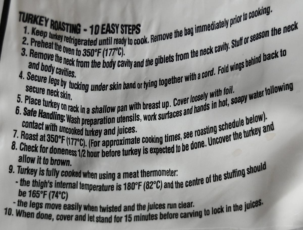 Image of turkey roasting instructions from the package.