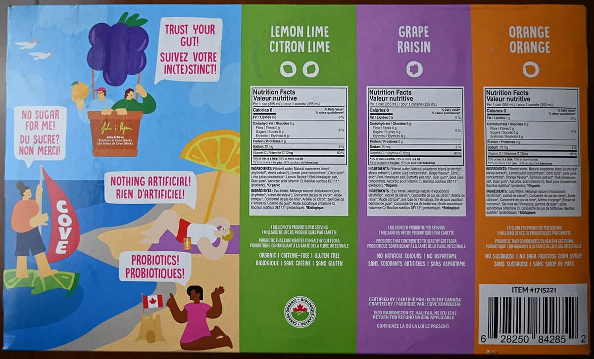 Image of the back of the Cove Soda box  showing ingredients, that there's nothing artificial and probiotics.
