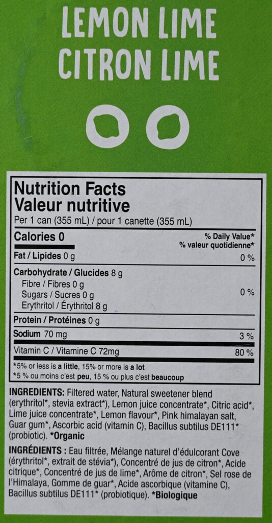 Image of the lemon-lime Cove soda nutrition facts from the back of the box.