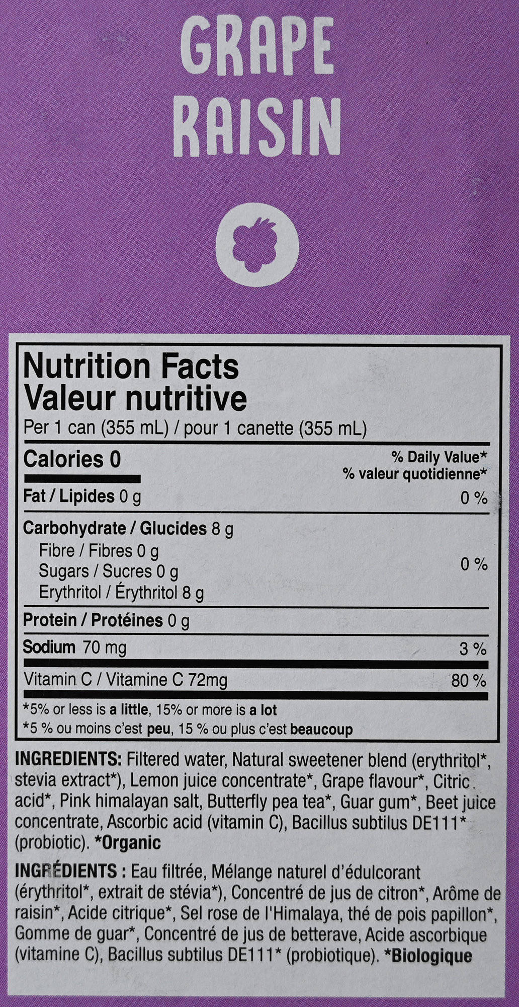Image of the grape Cove soda nutrition facts from the back of the box.