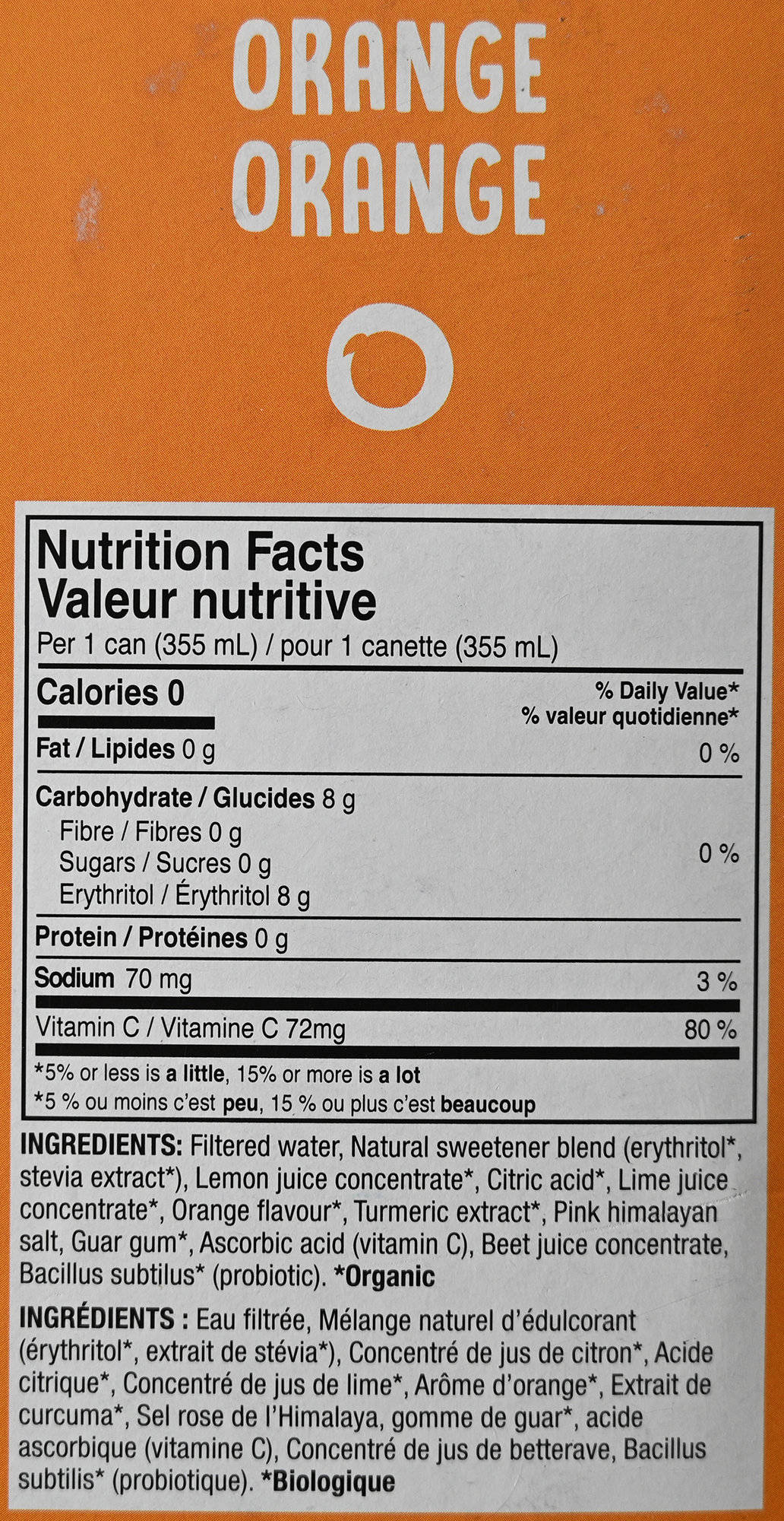Image of the orange Cove soda nutrition facts from the back of the box.