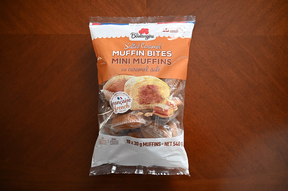 Image of the Costco La Boulangere Salted Caramel Muffin Bites bag unopened and sitting on a table.