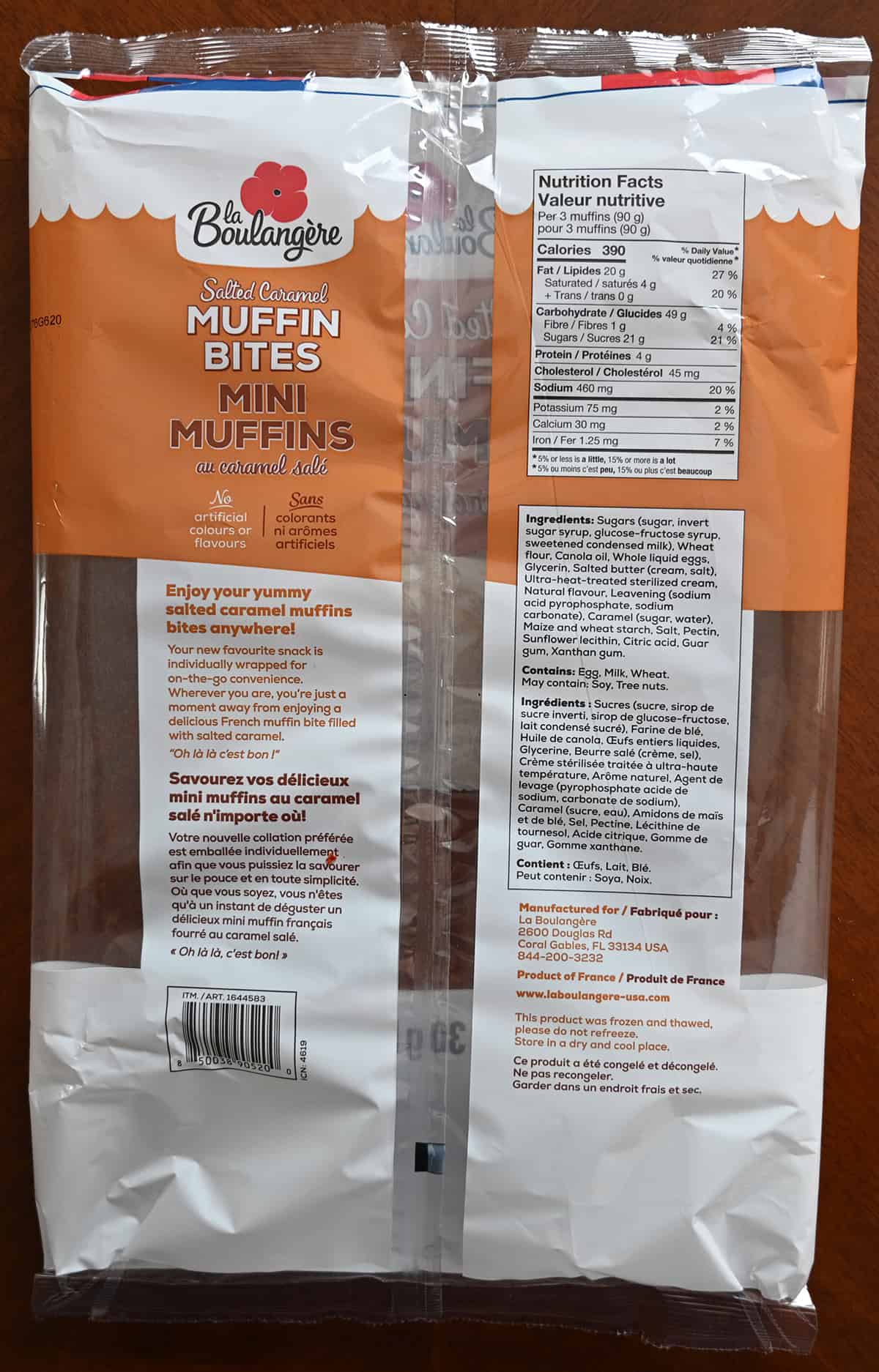 Image of the back of the bag of muffin bites with ingredients, nutrition facts and product description.