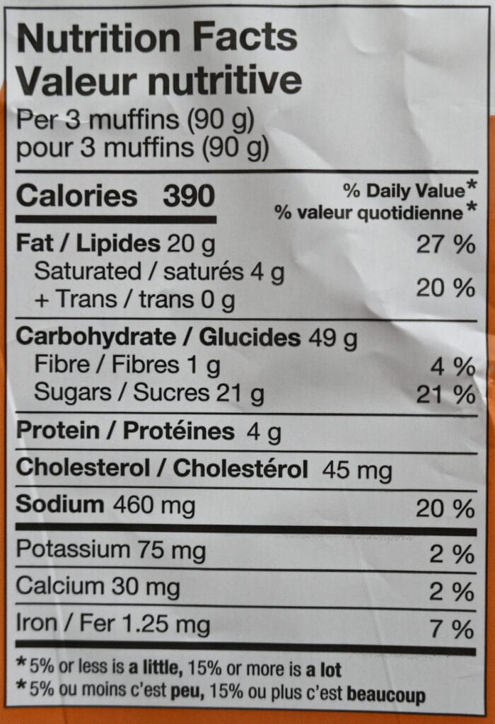 Image of the nutrition facts for the muffin bites from the back of the package.