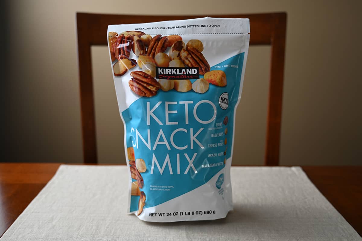 Image of the Costco Kirkland Signature Keto Snack Mix bag unopened sitting on a table.
