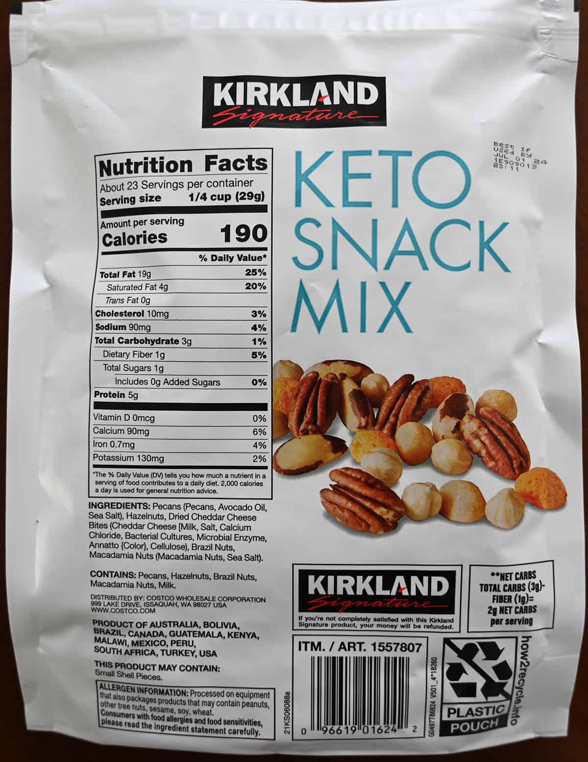 Image of the back of the bag of the keto snack mix showing ingredients, nutrition facts and where the product is produced.