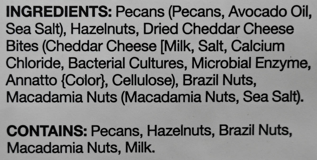 Image of the ingredients for the keto snack mix from the back of the bag.