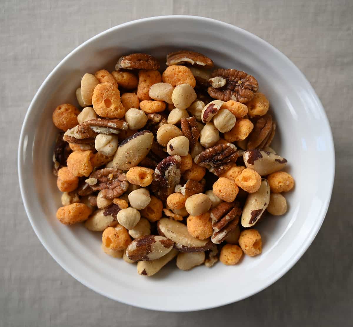Top down image of a bowl of keto snack mix.