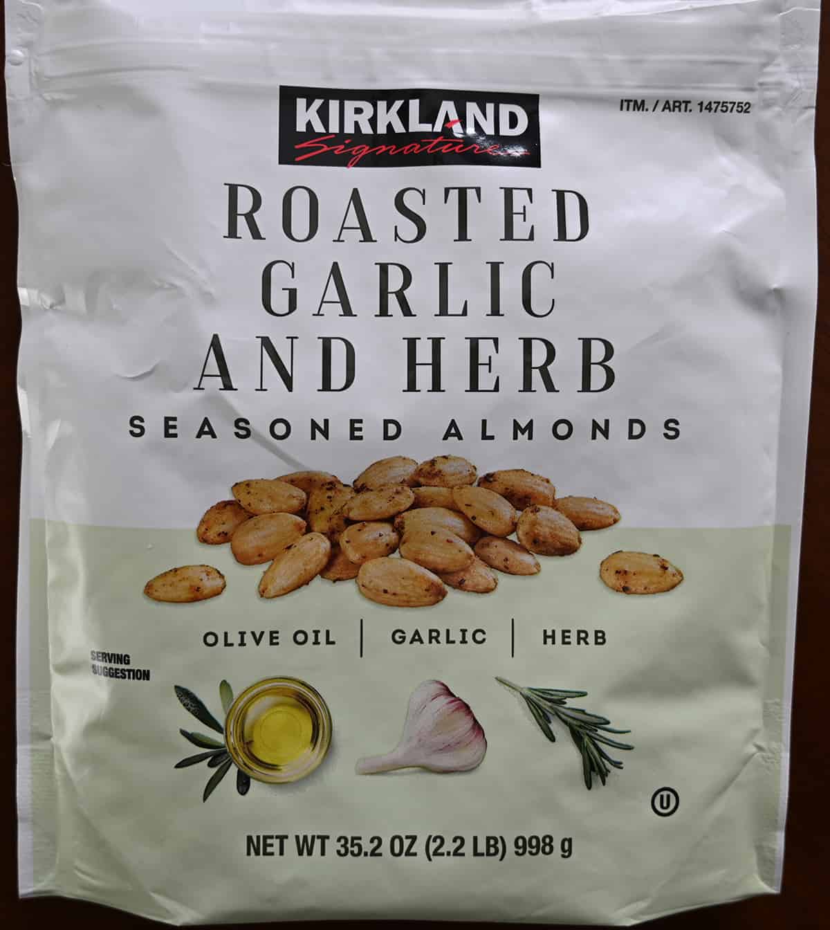 Closeup image of the front of the bag of almonds showing the weight of the bag.
