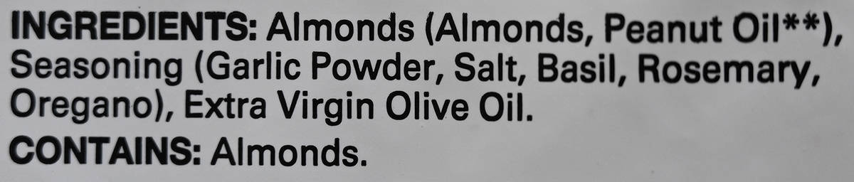Image of the ingredients for the almonds from the back of the bag. 