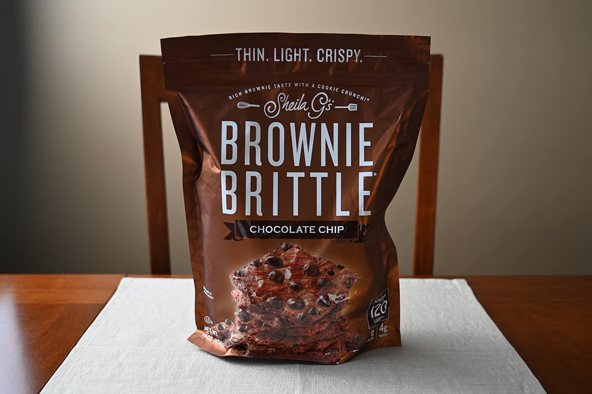 Image of the Costco Sheila G's Brownie Brittle bag unopened sitting on a table.