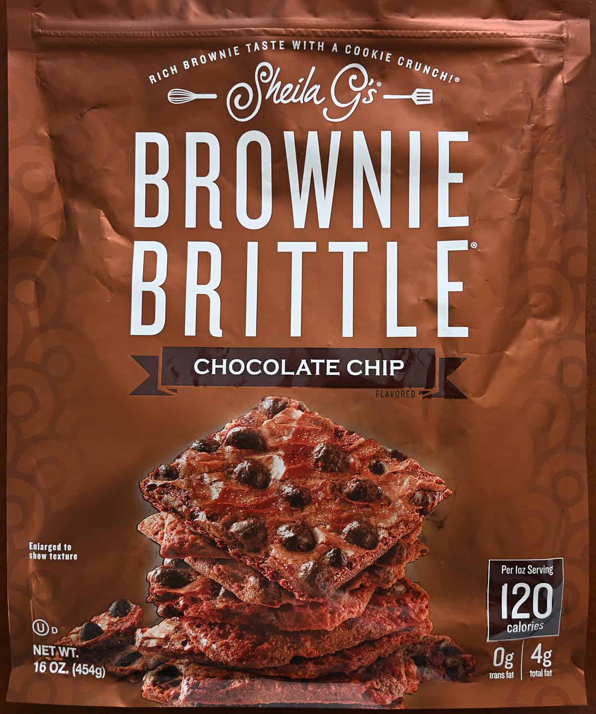 Closeup image of the front of the brownie brittle bag showing the size of the bag.