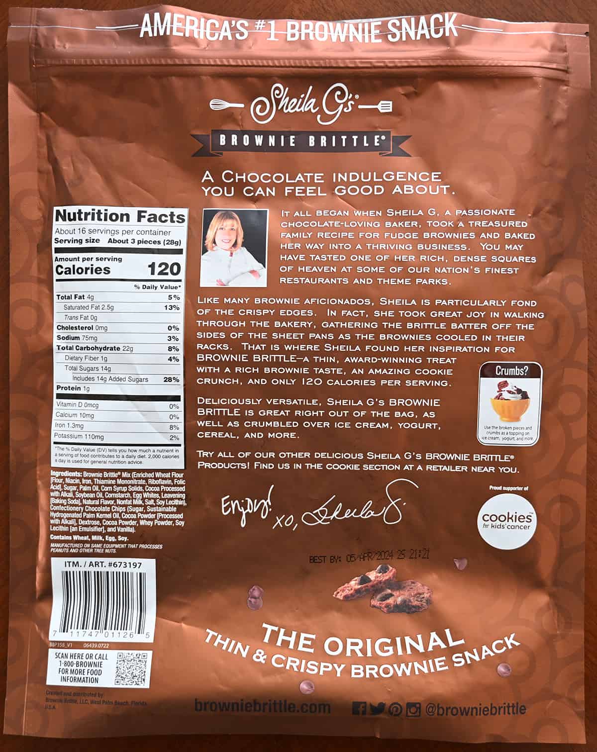 Image of the back of the bag of brownie brittle showing ingredients, company and product description and nutrition facts.