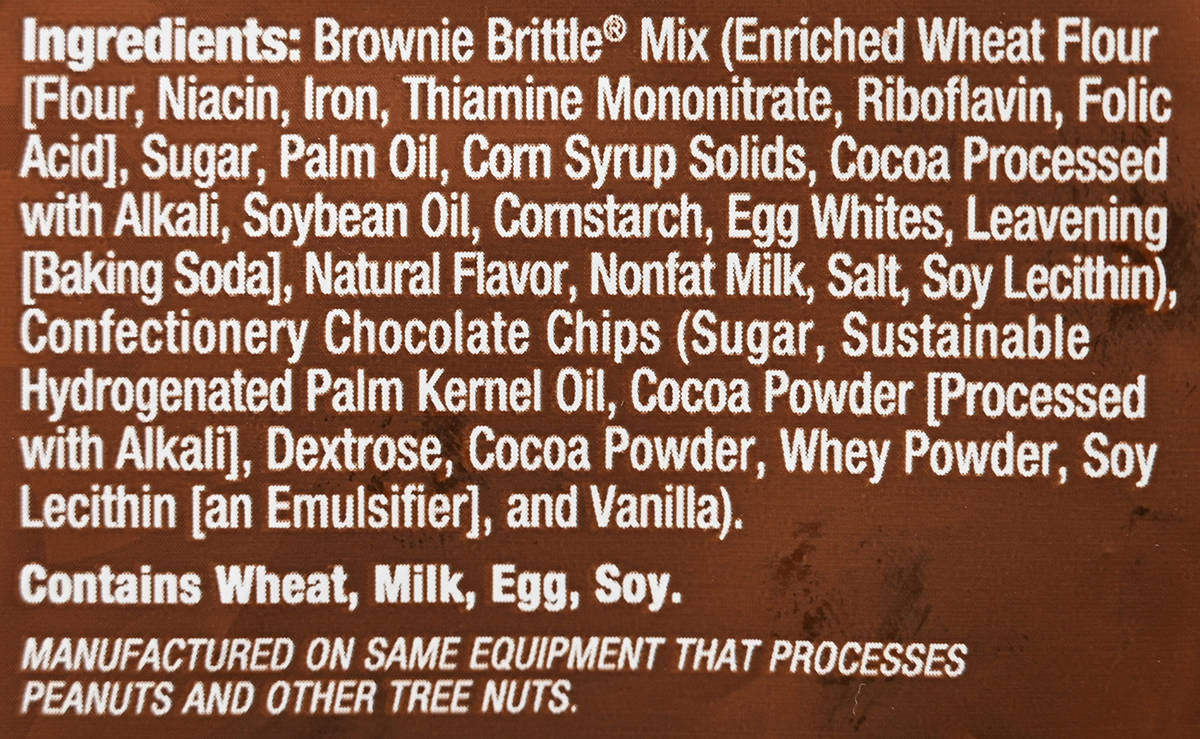 Image of the ingredients for the brownie brittle from the back of the bag.