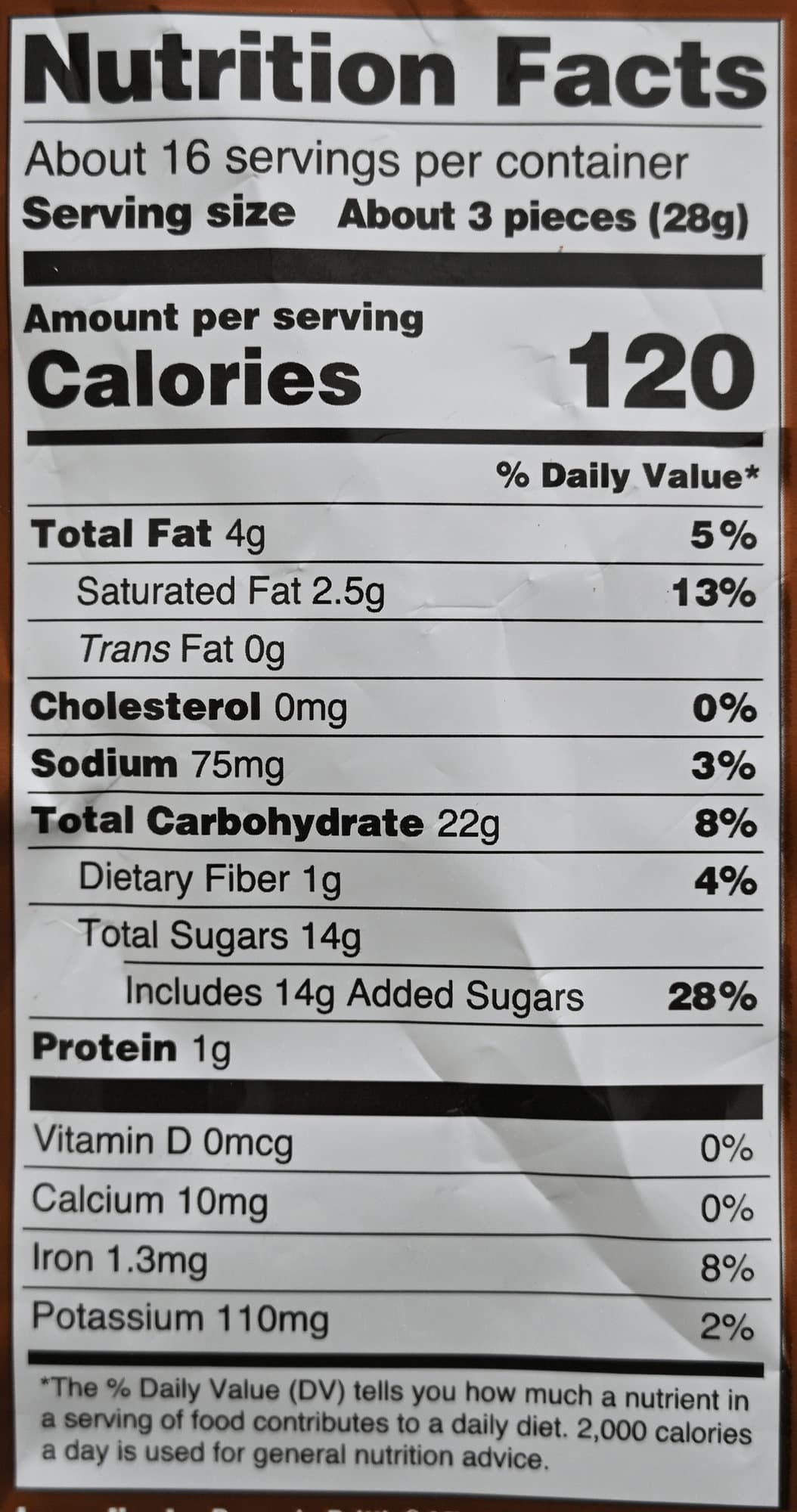 Image of the nutrition facts for the brownie brittle from the back of the bag.