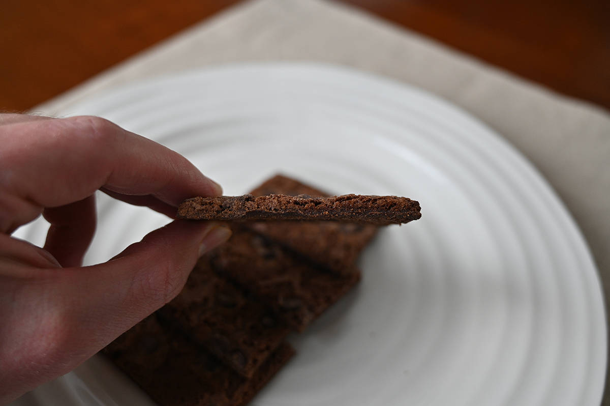 Closeup image of a hand holding one piece of brownie battle 