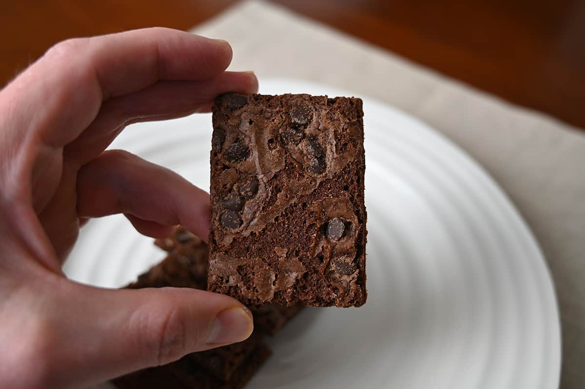 Closeup image of a hand holding one piece of brownie brittle close to the camera.
