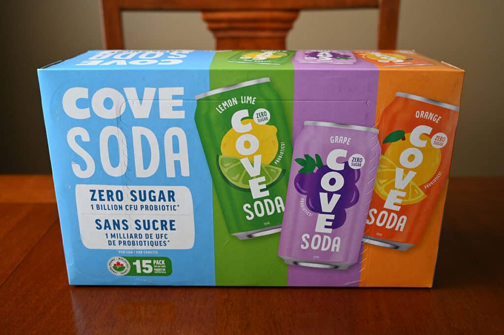 Image of the Costco Cove Soda box unopened sitting on a table. 