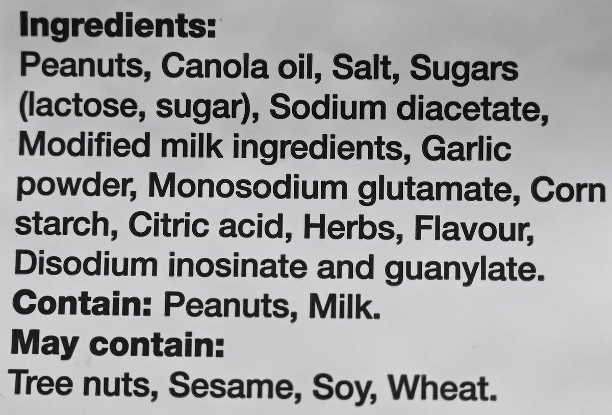 Image of the ingredients list for the peanuts from the bag.