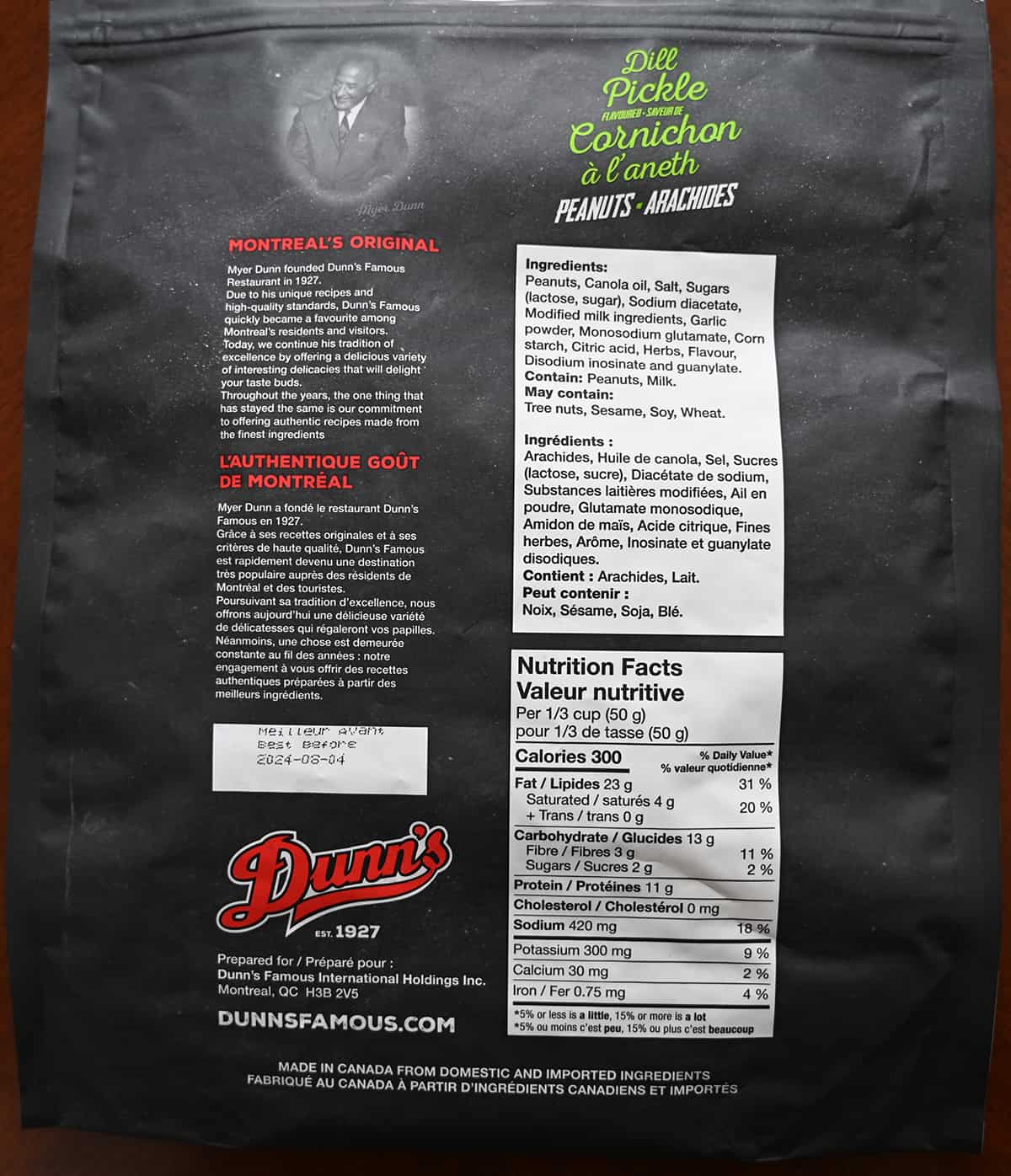 Image of the back of the bag of peanuts showing ingredients, nutrition facts,, best before date and company description.
