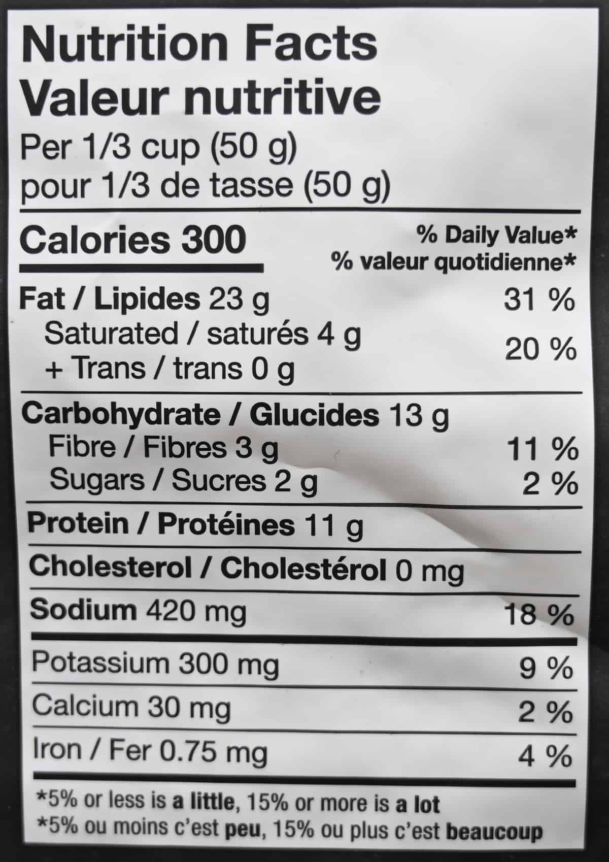 Image of the nutrition facts for the peanuts from the bag.