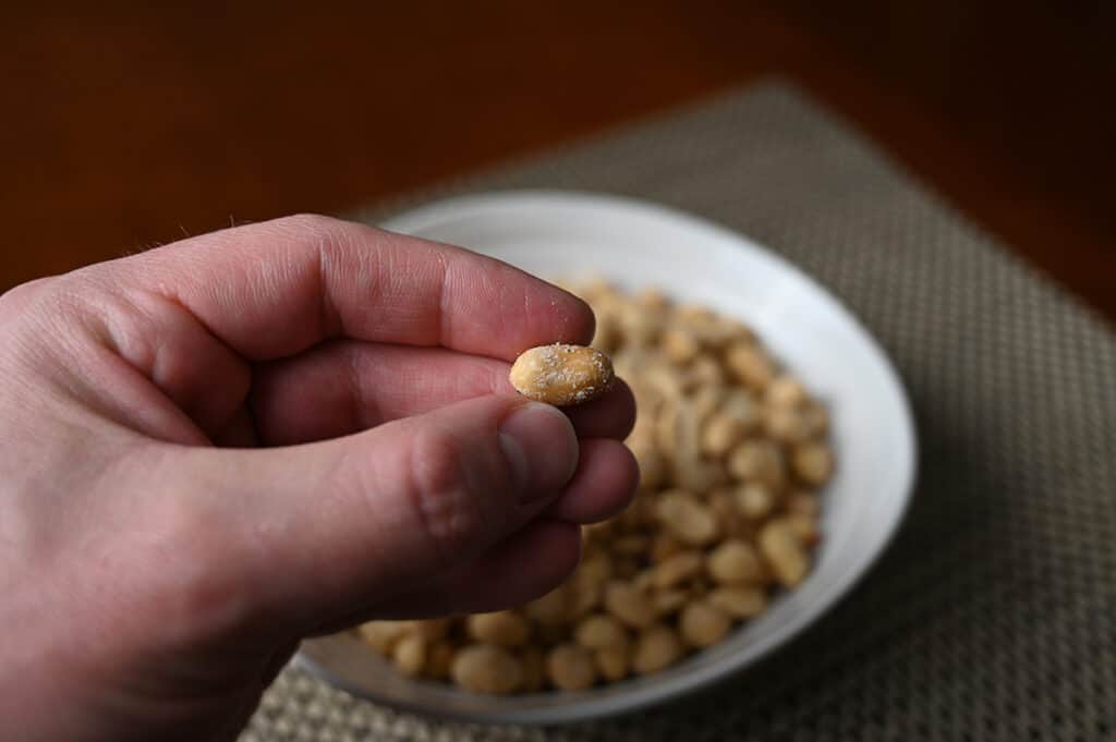 Image of a hand holding one dill pickle peanut close to the camera with a bowl of peanuts in the background of the image.