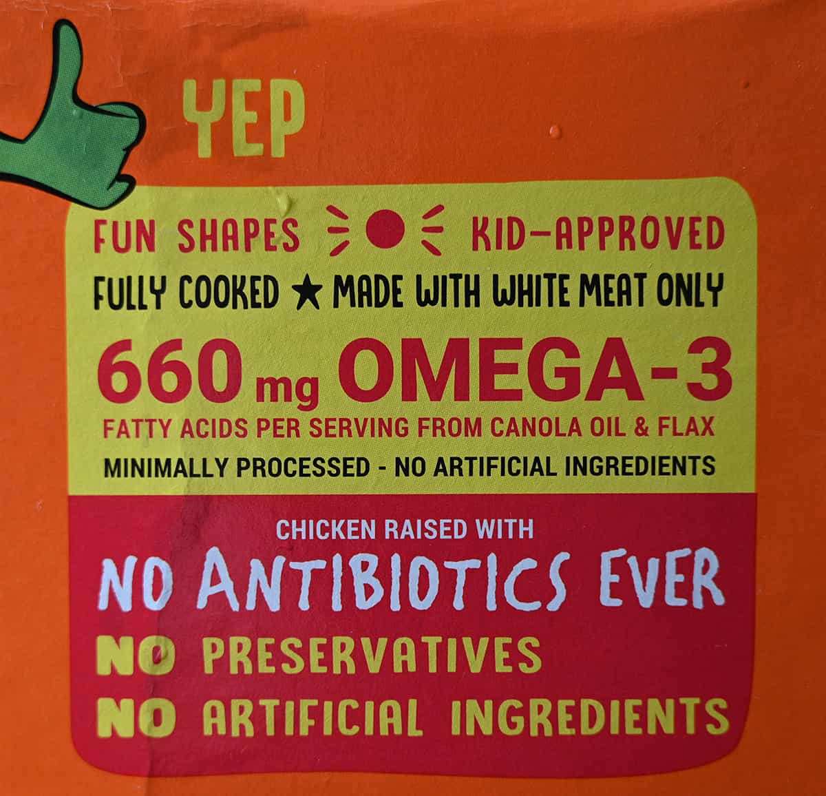 Image of the back of the box of nuggets showing 660 mg of omega 3 fatty acid per serving.