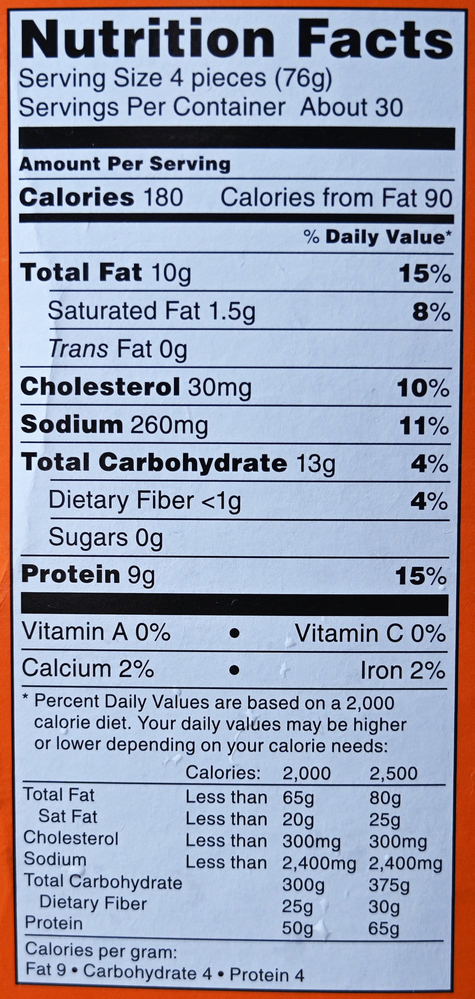 Image of the nutrition facts for the dino nuggets from the back of the box.