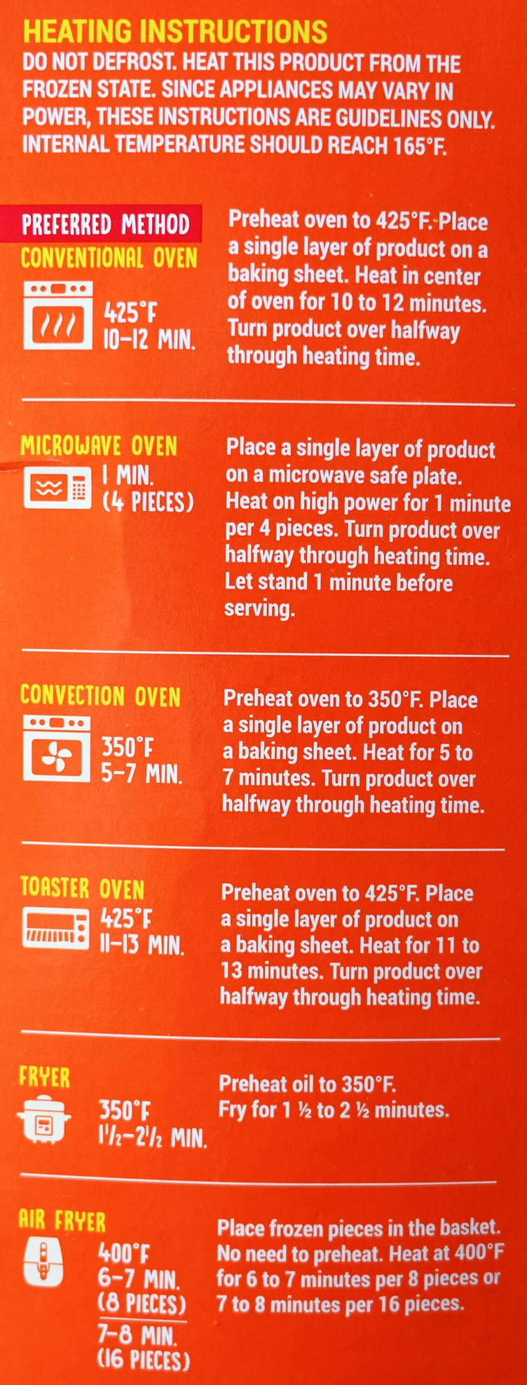 Image of the heating instructions for the nuggets from the back of the box.