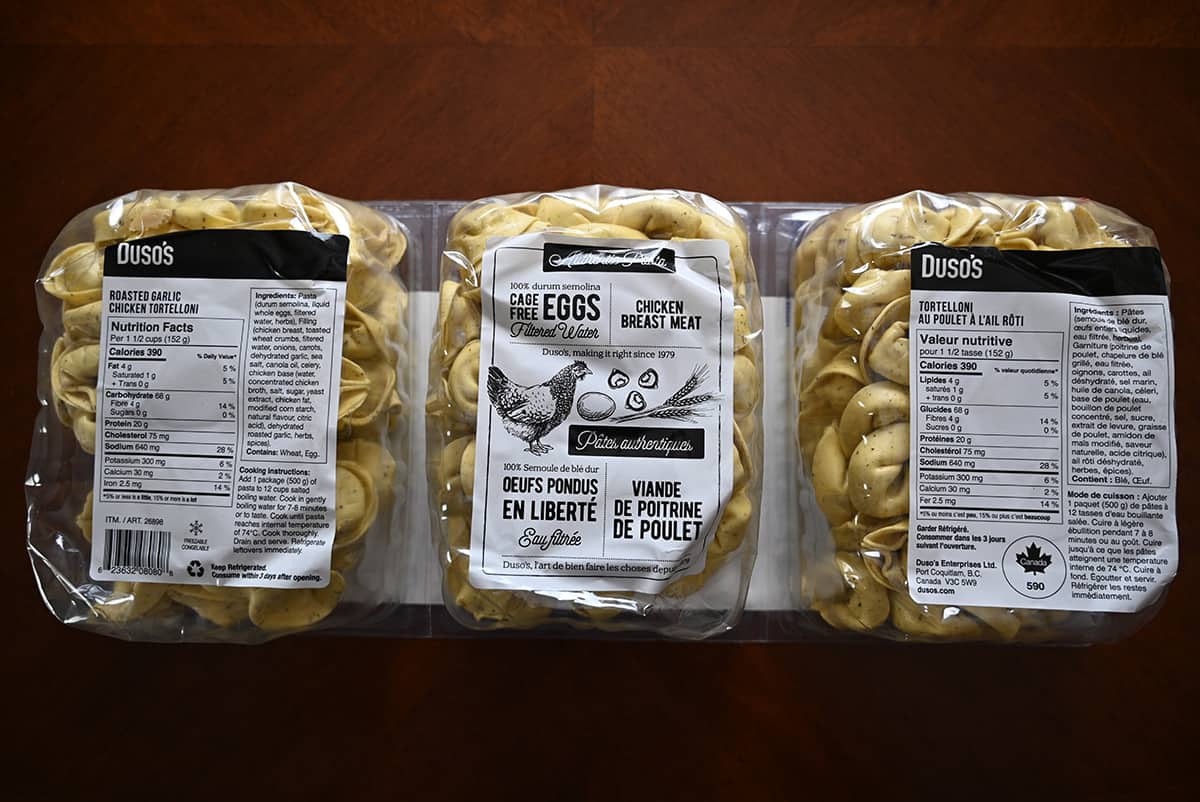 Image of the back of the packages of tortelloni showing ingredients and nutrition facts.