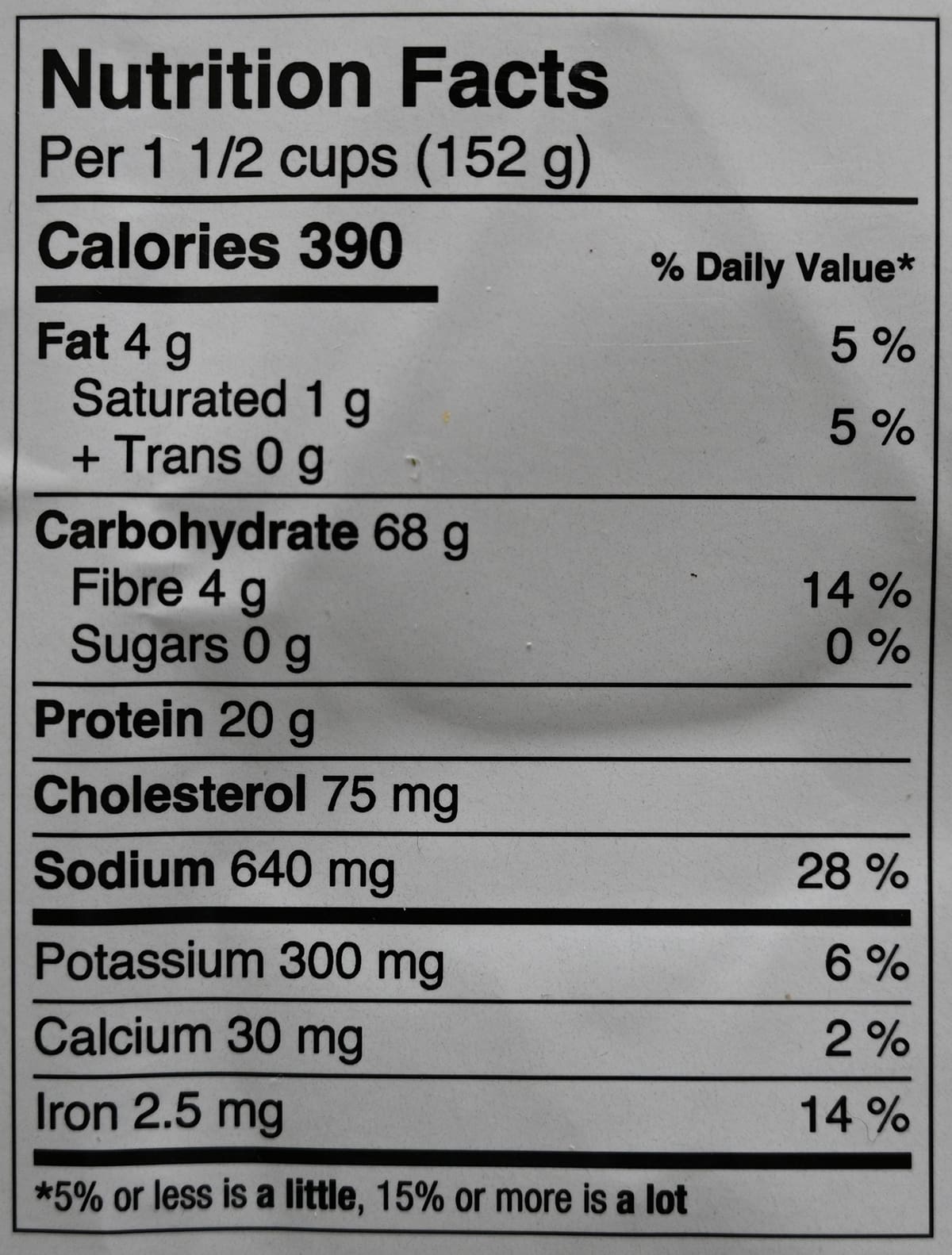 Image of the nutrition facts for the tortelloni.