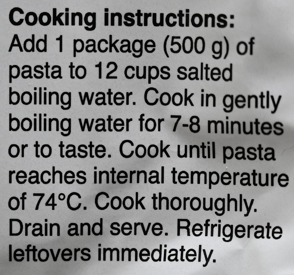 Image of the cooking instructions for the tortelloni.