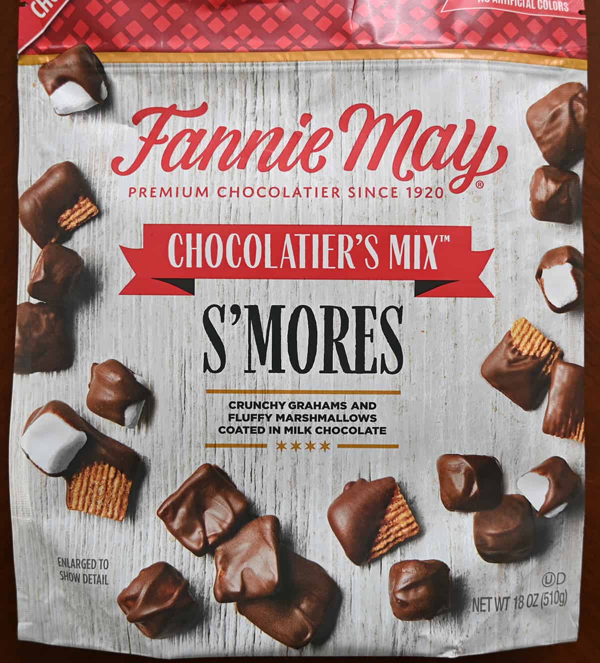 Closeup image of the front of the bag of s'mores mix showing how big the bag is and the product description.
