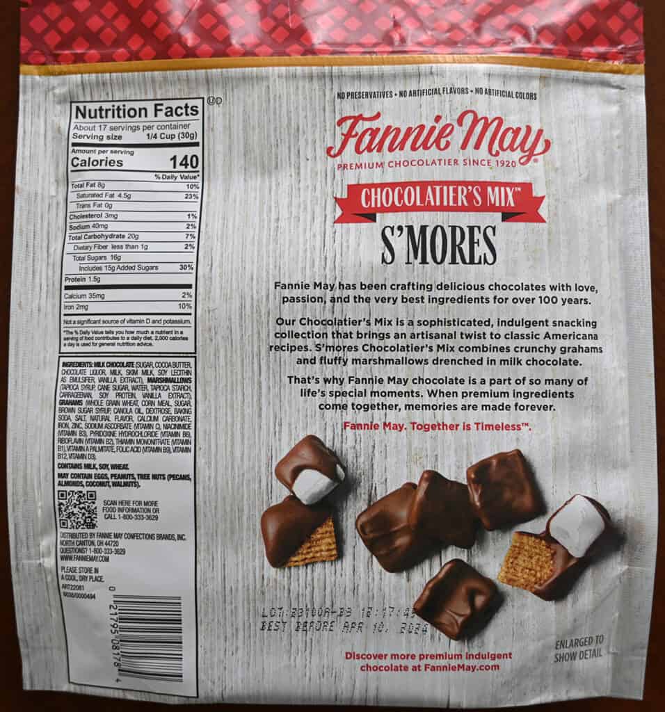 Image of the back of the bag of s'mores mix showing ingredients, nutrition facts and product description.