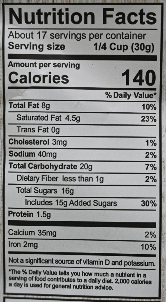 Image of the nutrition facts from the back of the bag.