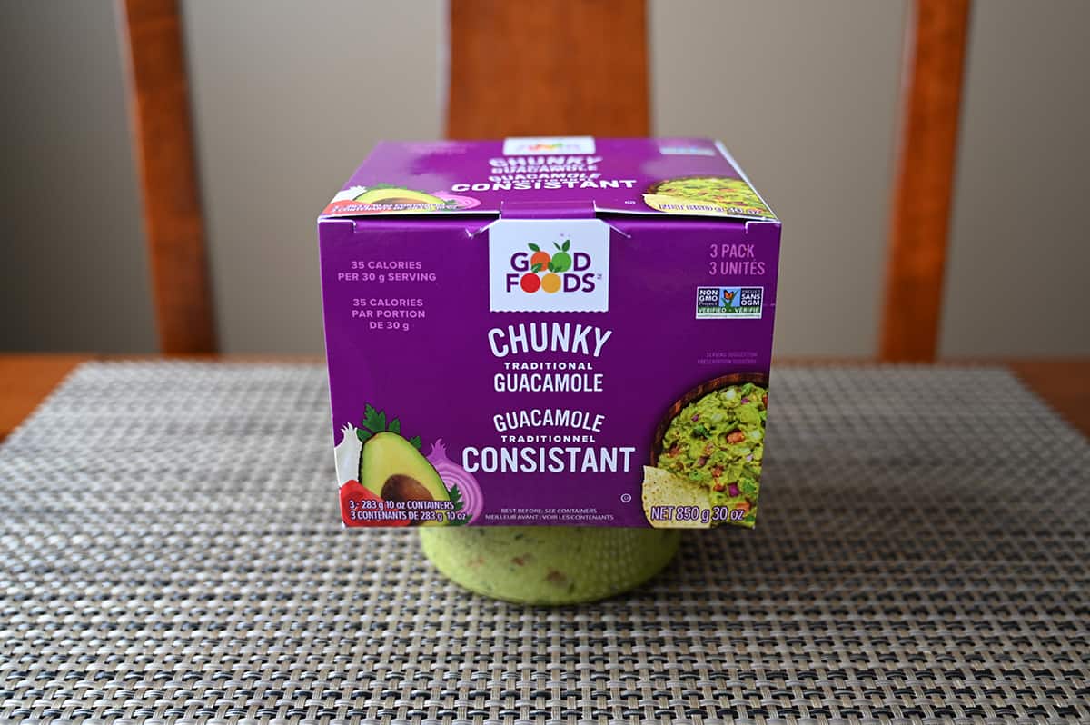 Image of the three packs of Costco Good Foods Chunky Guacamole sitting on a table unopened.