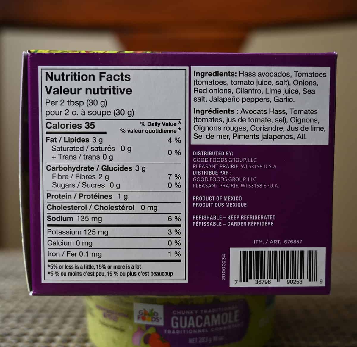 Image of the back of the package of guacamole showing ingredients, nutrition facts and that it's a product of mexico.