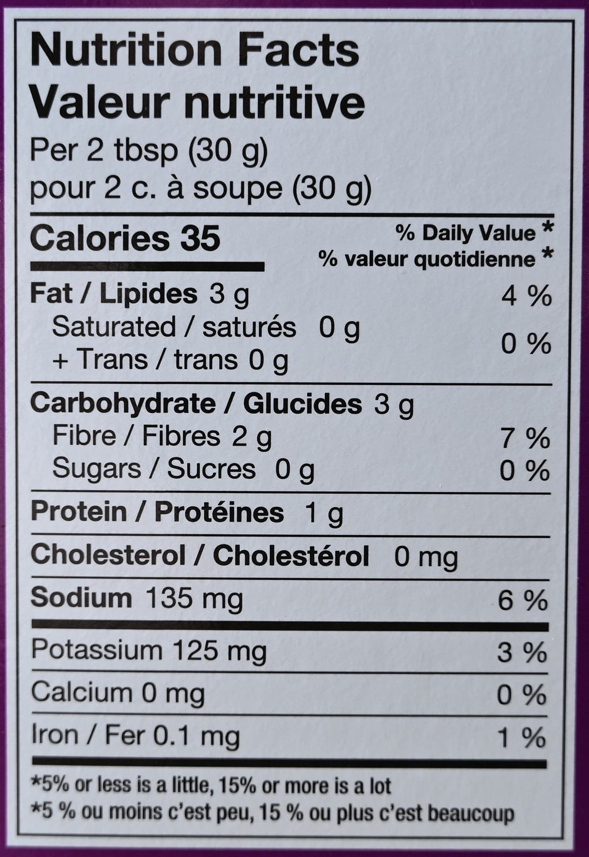 Image of the nutrition facts for the guacamole from the back of the box.
