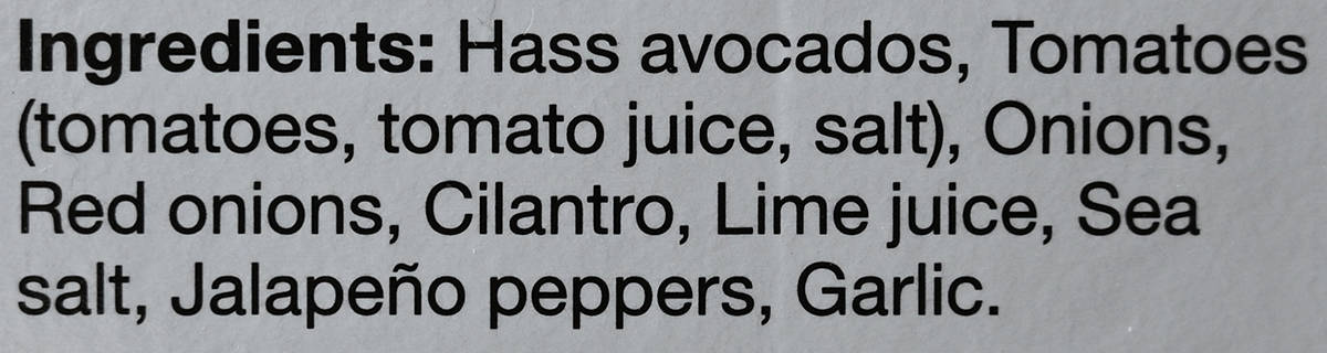 Image of the ingredients list for the guacamole from the back of the box.