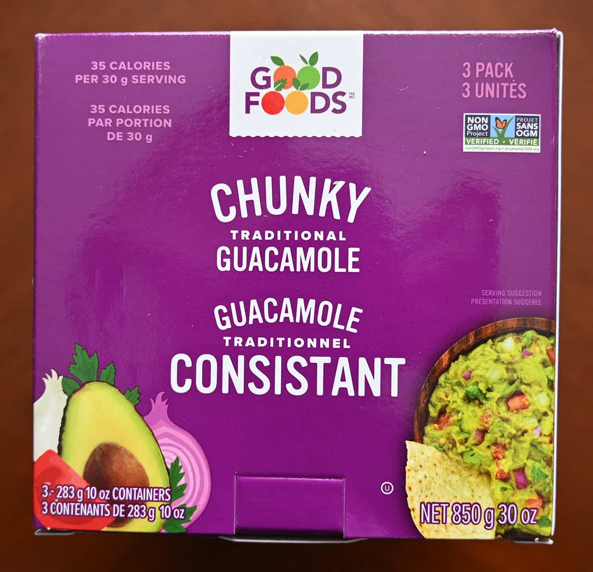 Image of the label on the guacamole pack showing the weight of the three containers and that it's non GMO verified.