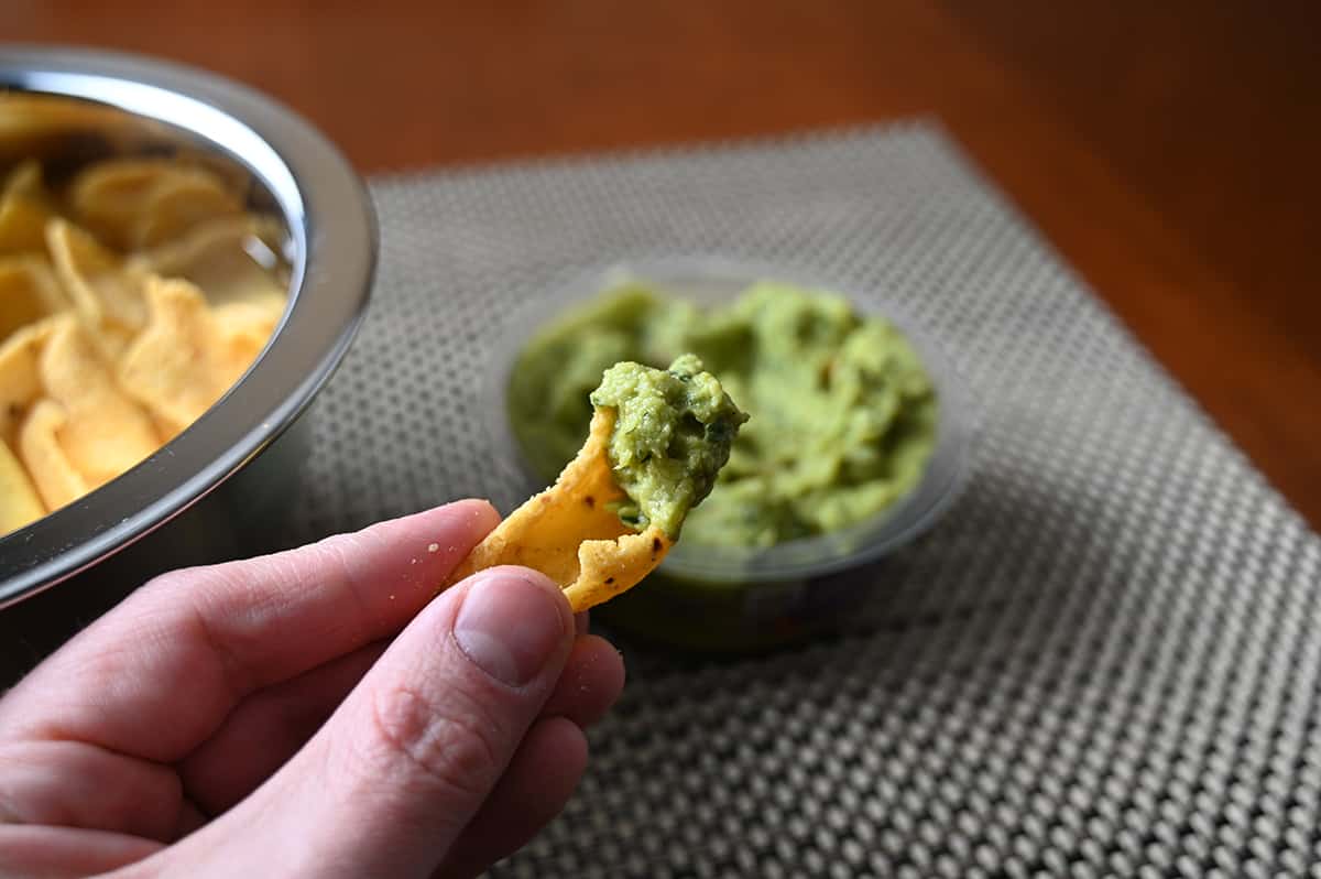 Closeup image of a hand holding one corn chip dipper with guacamole on it.