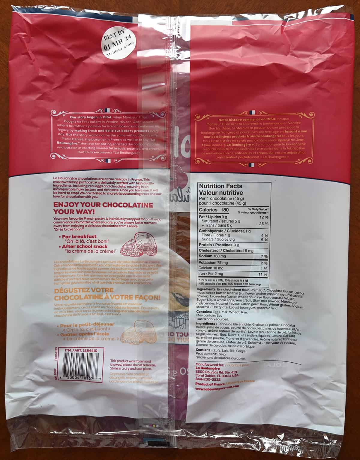 Image of the back of the bag of the Chocolatines showing ingredients, product description, when to eat and nutrition facts.