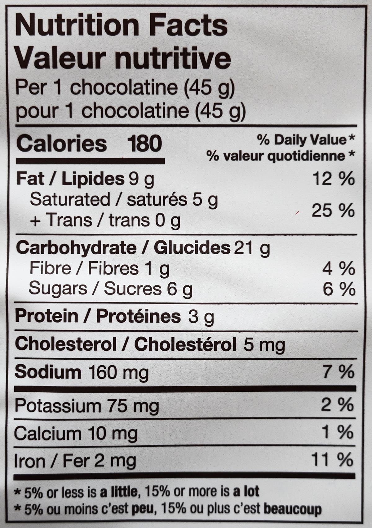 Image of the nutrition facts for the Chocolatine from the back of the bag.