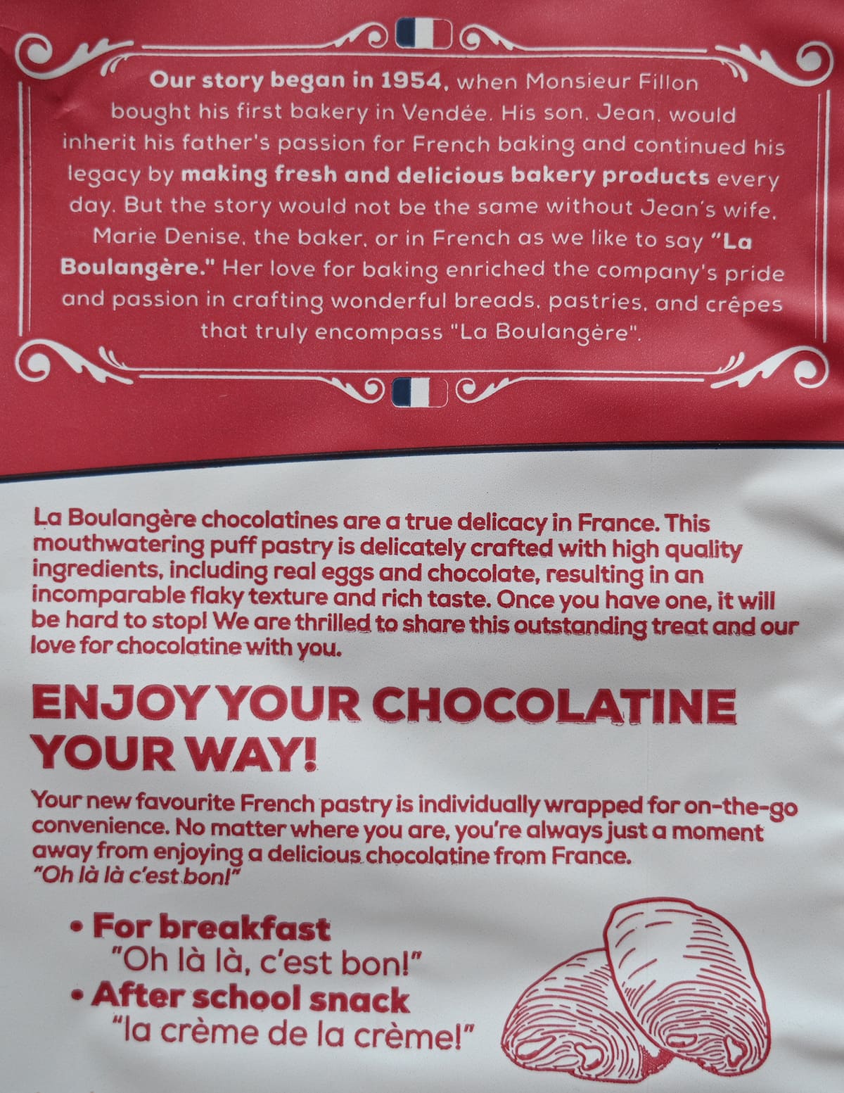 Image of the product and company description for the chocolatine from the back of the bag.