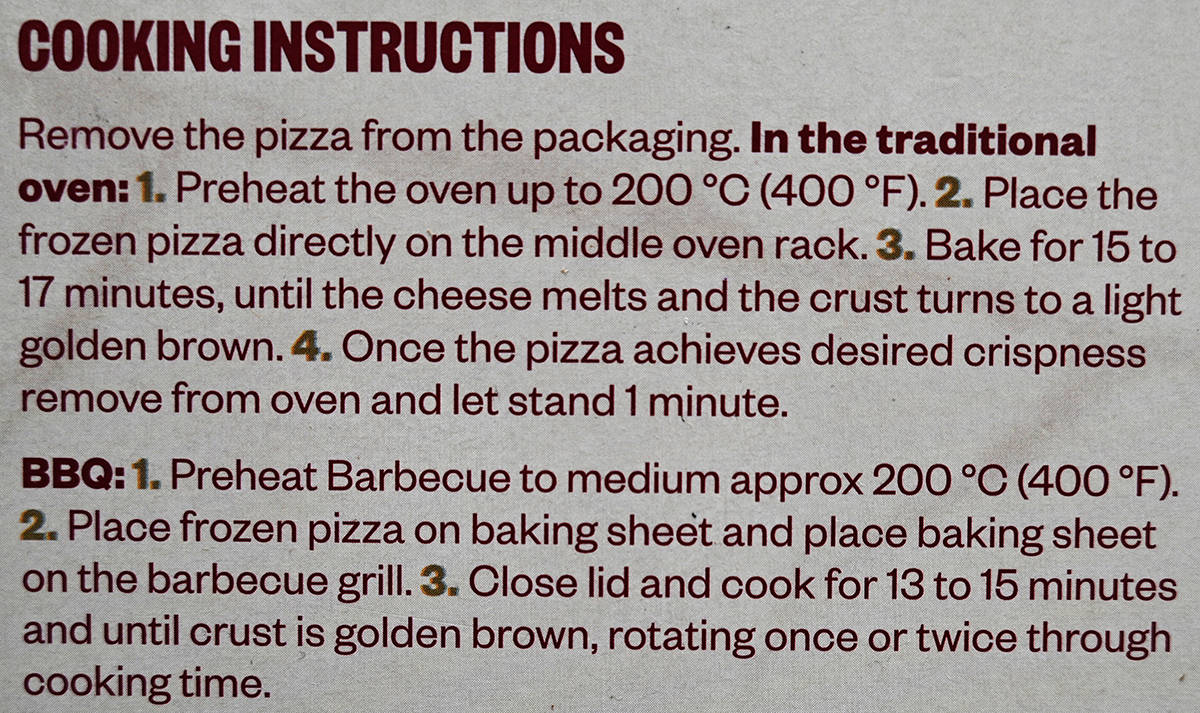 Image of the cooking instructions for the salami, sausage & argula pizza.
