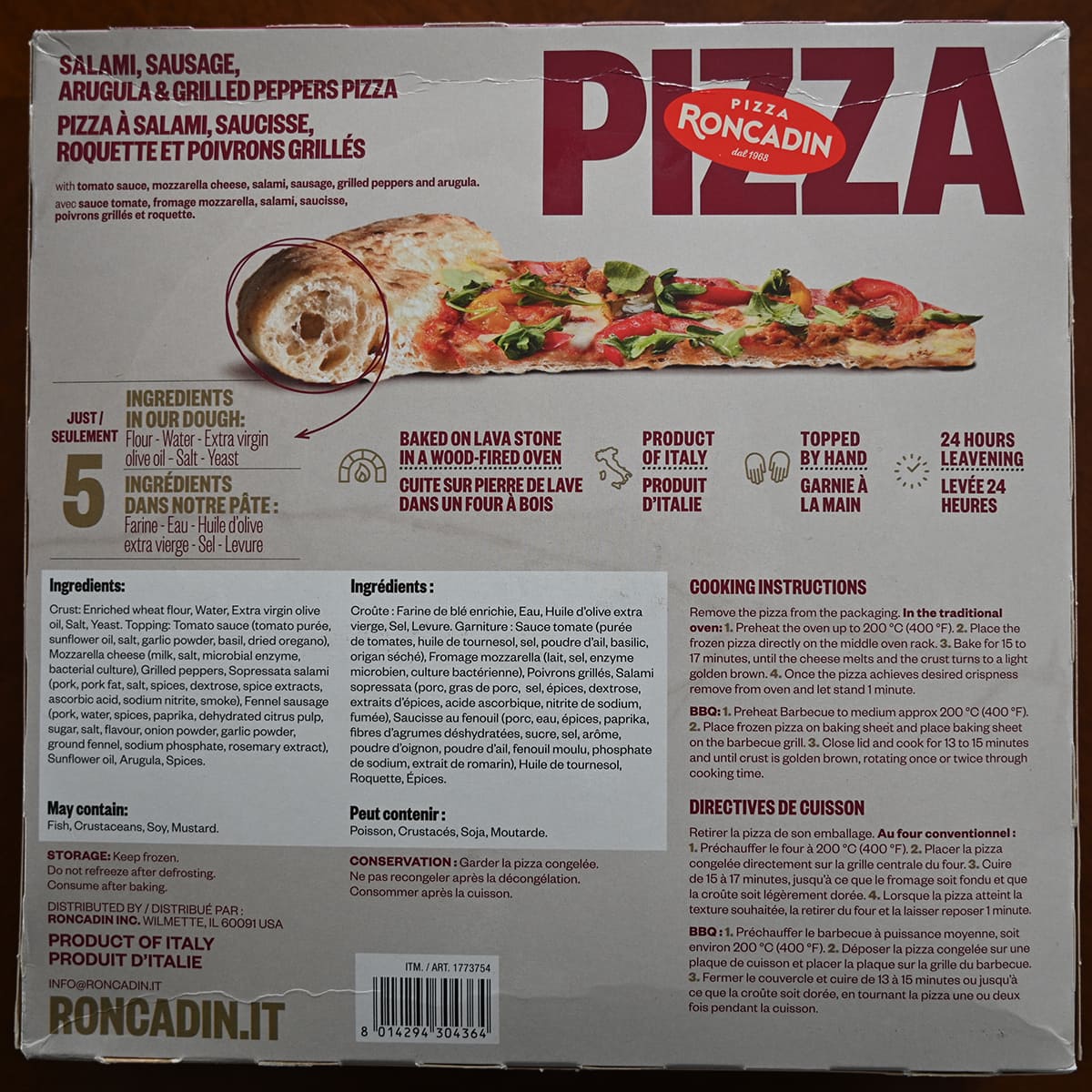 Top down image of the back of the Pizza Roncadin box showing nutrition facts, ingredients and cooking instructions and that it's a product of Italy.