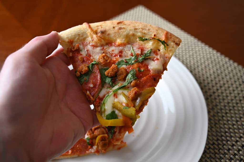 Closeup image of a hand holding one piece of pizza close to the camera with a plate in the background of the image. 