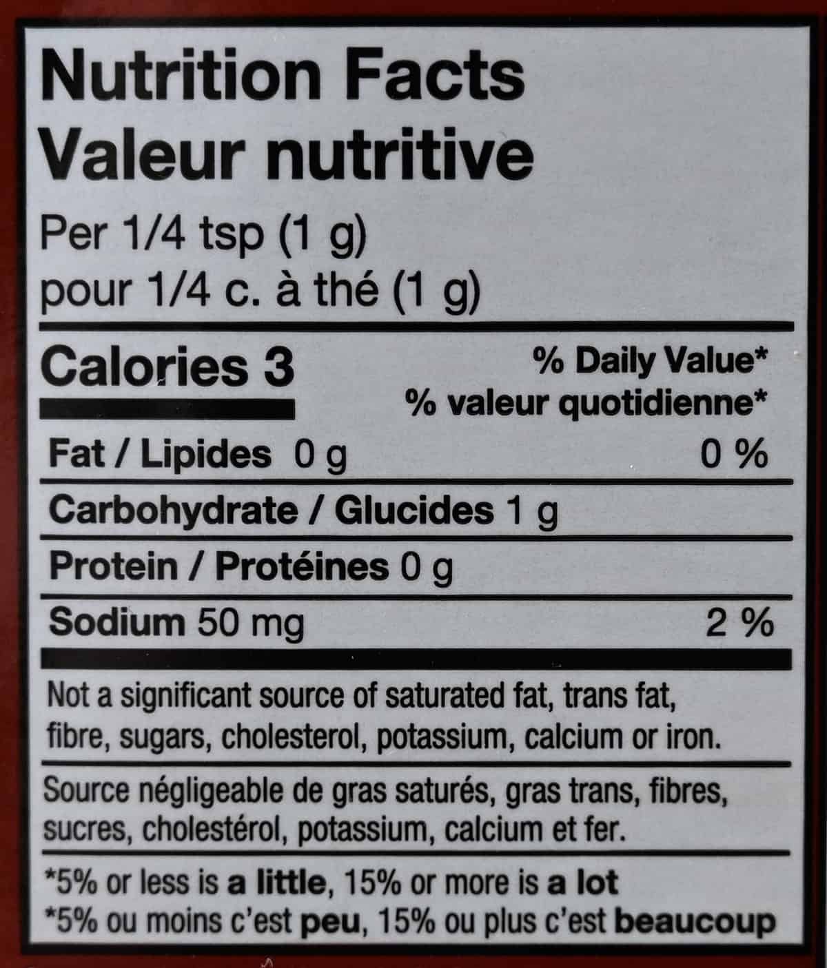 Image of the sriracha seasoning nutrition facts.